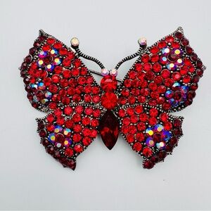 Vtg Red Rhinestone Butterfly Brooch Silver Tone Perfect Red Hat Society Accent